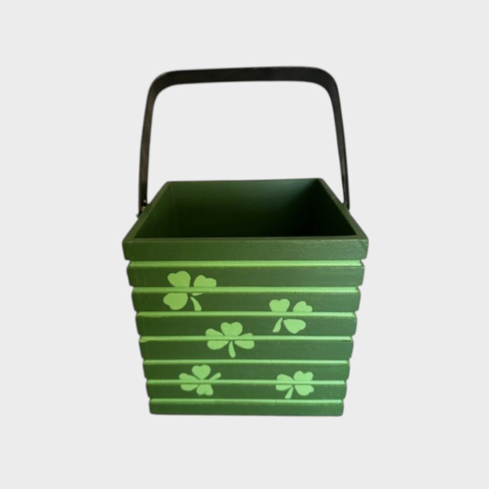 Shamrock Wooden Box with Handle Green Stripe 6" x 6" x 6"